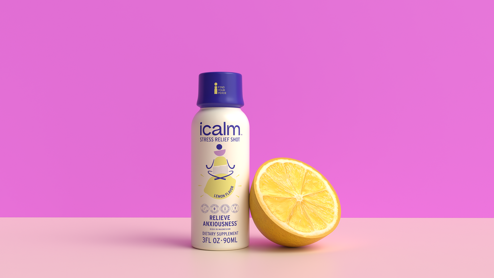 icalm stress relief shot front cover with a lemon