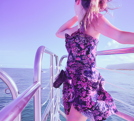 Image of girl on a boat relaxing viewing the ocean in a beautiful dress