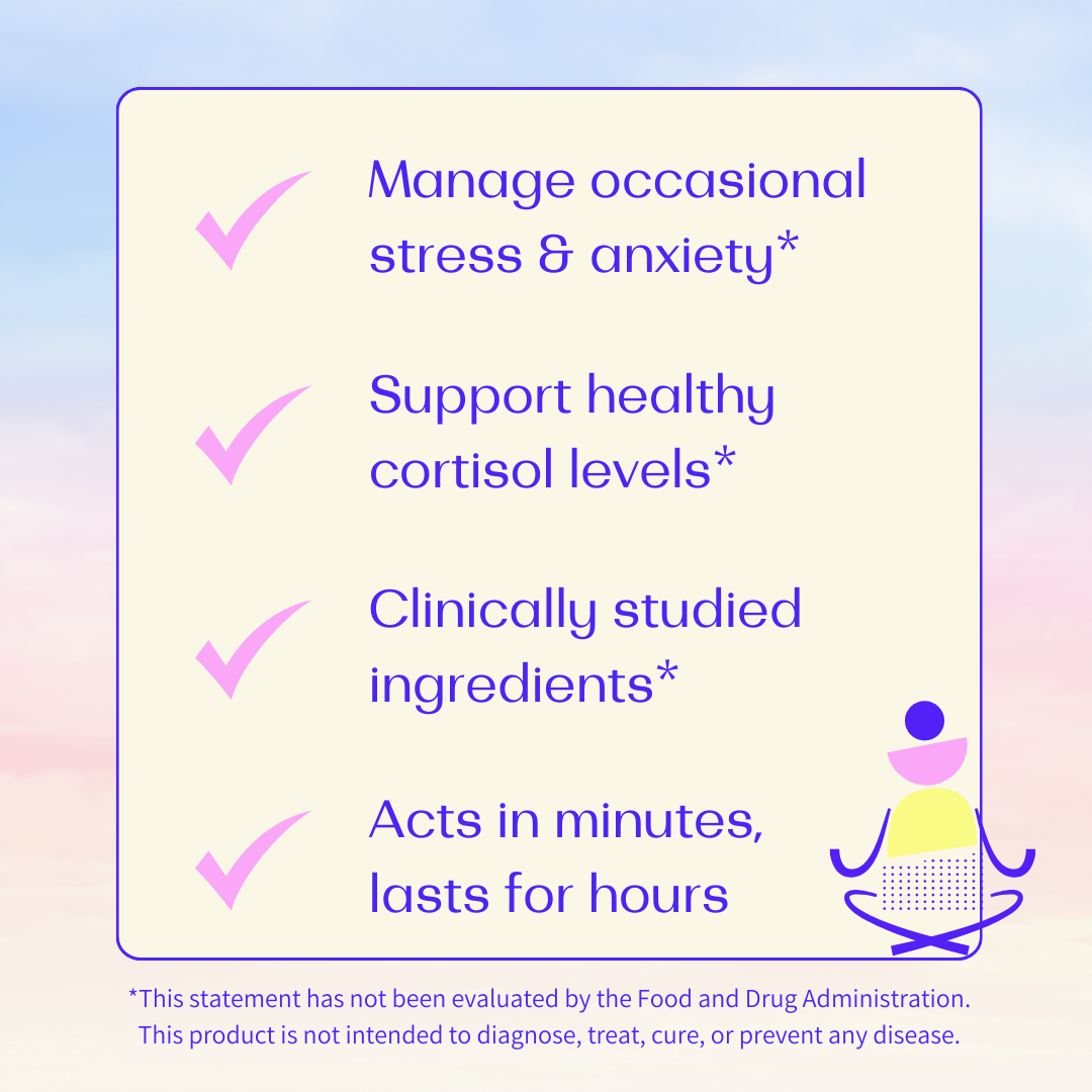 Support healthy cortisol levels, manage occasional stress and anxiety, clinically studied ingredients!